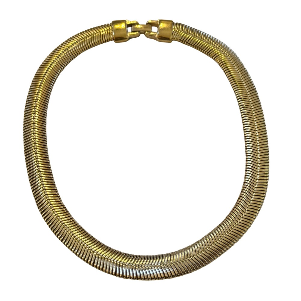 Erwin Pearl Gold Tone Omega Collar Necklace Chevron Textured Vintage 16 Inch‎